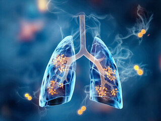 A blue and white image of a lung with smoke coming out of it. The lung is partially cut open, revealing a white substance inside. The smoke is made up of small, round objects that look like bacteria