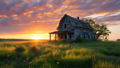 Wall Mural - Abandoned farmhouse illuminated by sunset glow, enveloped in overgrown grass and serene countryside vibes