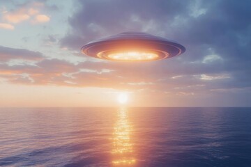 UFO sighting above the ocean at sunset illuminating the sky with curious light and colors