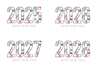 2025 2026 2027 2028 New Year Hand drawn calendar date continuous line. Set of 4 greeting ideas