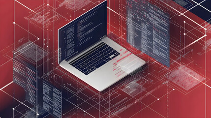 A laptop is open to a screen with a lot of code on it