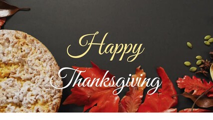 Wall Mural - Animation of happy thanksgiving text over autumn leaves and produce on grey background