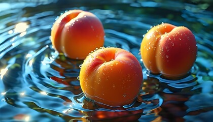 Vibrant peaches floating in shimmering water, light dancing on their surface, creating a refreshing and appetizing visual delight