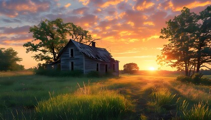 Wall Mural - Abandoned farmhouse illuminated by sunset glow, enveloped in overgrown grass and serene countryside vibes