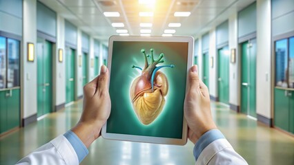 A close-up view of a person's hands holding a tablet, with a 3D image of a human heart on the screen, in front of a blurred background of a hospital corridor, with a stethoscope 