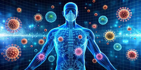 A 3D illustration of a human body with glowing immune cells and viruses, showcasing how vaccines work to boost the immune system, set against a dark blue gradient background