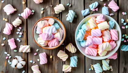 Whimsical Presentation of Pastel-Colored Marshmallows on Rustic Wooden Surface