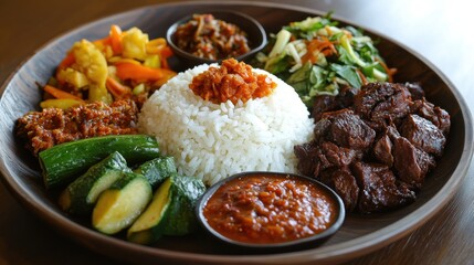 Wall Mural - Delicious Plate of Traditional Asian Cuisine with Rice