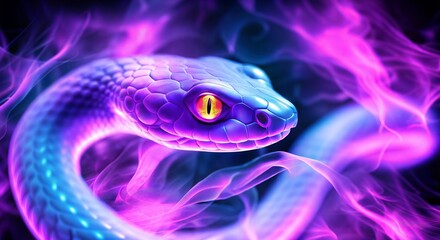 Neon pink smoke entwined with a serpent, psychedelic reptile banner, The Year of the snake