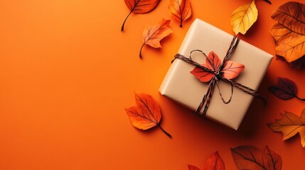 Handmade gift box with autumn leaves on an orange background   perfect fall season decor