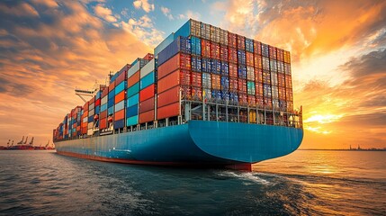 Wall Mural - Cargo Ship at Sunset with a Full Load of Shipping Containers