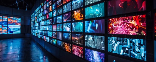 Wall of televisions displaying various colorful broadcasts