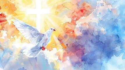 Whit Monday Watercolor Art: A White Dove Soaring Against a Bright White Cross in the Clouds