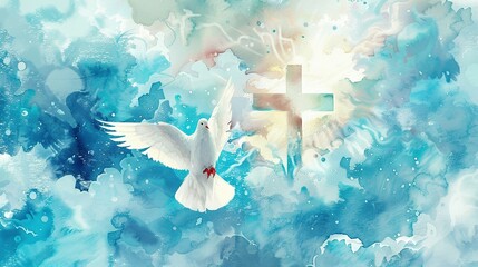 Whit Monday Watercolor Art: A White Dove Soaring Against a Bright White Cross in the Clouds