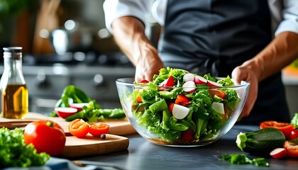 Vibrant greens being expertly tossed in a spacious bowl for a nutritious salad in a contemporary kitchen setting