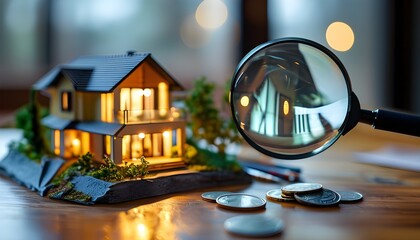 Wall Mural - Exploring Real Estate Investment Opportunities Through a Magnifying Glass on a Miniature House