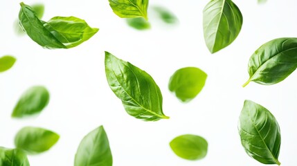 Fresh green basil leaves floating on a white background, capturing the essence of nature and organic ingredients.