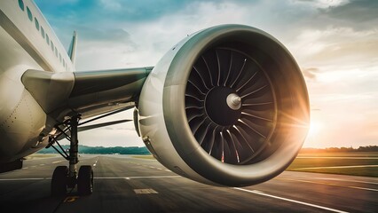 Airplane jet engine on a runway at sunset