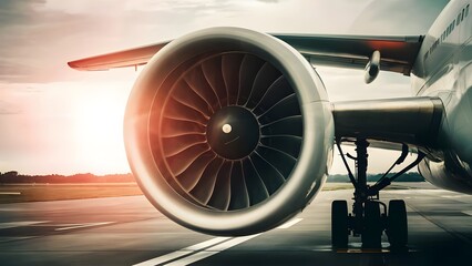 Airplane jet engine on a runway at sunset