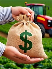 A hand holding a money bag with a dollar sign in a field, symbolizing agribusiness loans and financial support for farming (19)