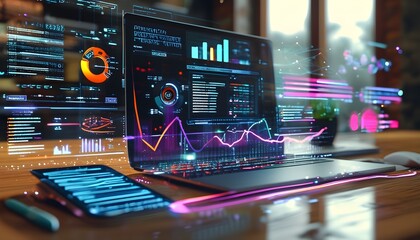 Canvas Print - Futuristic data visualization showcasing innovative graphs and holographic elements reflecting advancements in digital technology and analytics