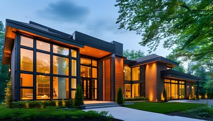 Charming modern house exterior illuminated by warm lighting, showcasing large windows and a welcoming entrance embraced by lush greenery.