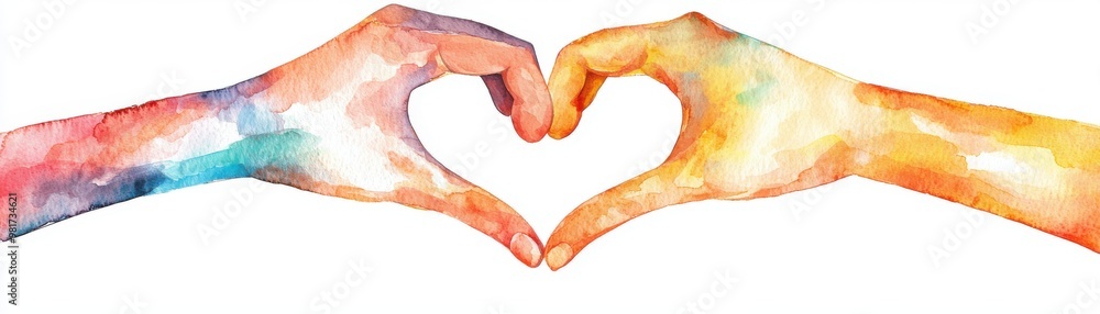 A colorful watercolor illustration of two hands forming a heart shape ...