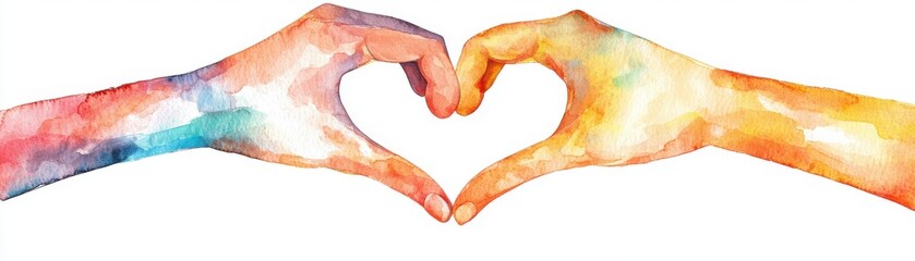 A colorful watercolor illustration of two hands forming a heart shape, symbolizing love and unity.