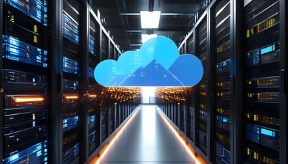 Wall Mural - Innovative cloud computing storage solution featuring data transfer illustration on server rack, highlighting technological advancements and modernity.