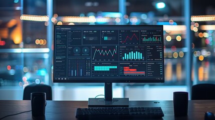 Computer Monitor Displaying an Abstract Network Monitoring Dashboard with Real-Time Data Analytics, Graphs, and System Health Indicators