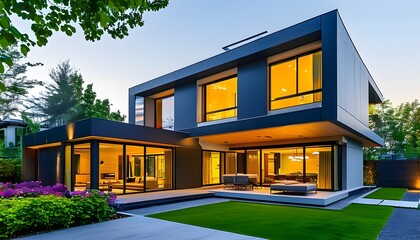 Sticker - Sleek Modern House with Expansive Windows and Lush Garden Highlighting Contemporary Architecture and Welcoming Atmosphere