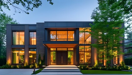 Wall Mural - Charming modern house exterior illuminated by warm lighting, showcasing large windows and a welcoming entrance embraced by lush greenery.