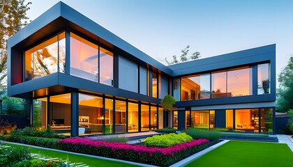 Sticker - Sleek Modern House with Expansive Windows and Lush Garden Highlighting Contemporary Architecture and Welcoming Atmosphere