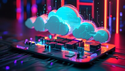 Wall Mural - Innovative cloud technology concept showcasing digital circuits and vibrant lights symbolizing data storage and interconnectivity