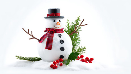 Wall Mural - Snowman and Winter Greenery Decorate for Christmas on a White Background