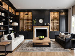 Wall Mural - Elegant living room with black and oak cabinets