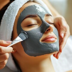 Young beautiful lady doing facial mask color gray copy space for text