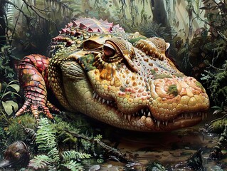 Poster - Close-Up Portrait of a Crocodile in a Lush Jungle