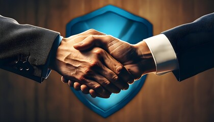 Wall Mural - Handshake Representing Partnership and Trust Against a Blue Shield Background