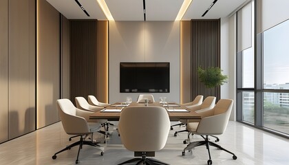 Wall Mural - Sleek and minimalist conference room bathed in natural light, featuring a stylish table and comfortable seating