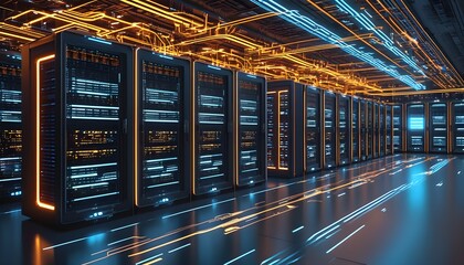 Futuristic digital server room illuminated by glowing lines and circuits, embodying advanced technology and modern IT innovation