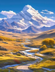 he snow-capped mountains, blue sky, and white clouds create a picturesque scene. The road is lined with green grasslands on both sides of the mountain, and in the distance, you can see the golden autu