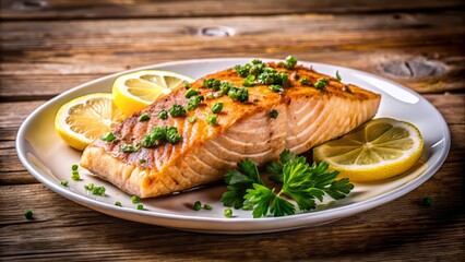 Freshly grilled salmon fillet on a crisp white plate, garnished with a sprinkle of parsley and a slice of lemon, set against a warm wooden background