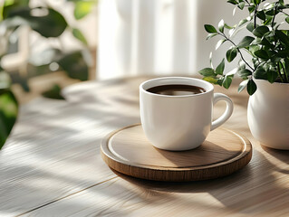 A cozy scene featuring a white coffee cup on a wooden plate, surrounded by greenery, perfect for relaxation and enjoyment.