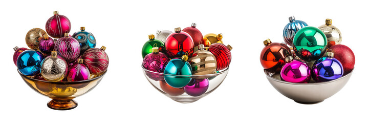 Wall Mural - a bowl of colorful christmas ornaments in various shapes and sizes, isolated on transparent backgrou