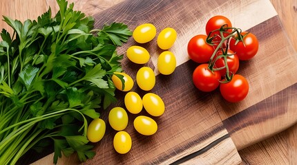 Fresh tomatoes and cilantro on a wooden cutting board, symbolizing healthy eating and organic cooking (21)