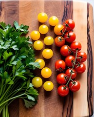 Fresh tomatoes and cilantro on a wooden cutting board, symbolizing healthy eating and organic cooking (21)