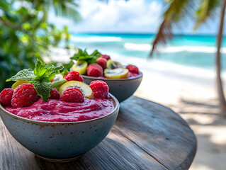 Delicious smoothie bowls topped with fresh raspberries and banana, set against a tropical beach backdrop.