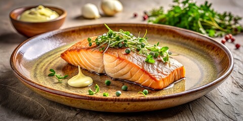 Pan-seared salmon fillet with crispy skin, served with a side of garlic butter and microgreens on a delicate ceramic plate, against a soft, earthy-toned background