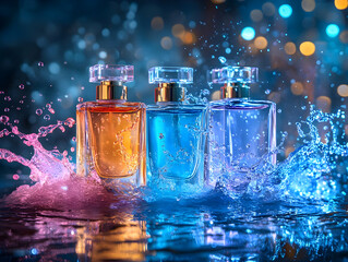 Wall Mural - colorful perfume bottles splashing in water, illuminated by vibrant bokeh lights, creating a fresh a